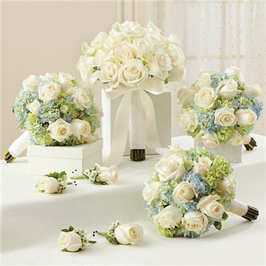 Blue And White Personal Package (1 Blue Bridal Bouquet, 3 Bridesmaid Bouquets And 4 Boutonnieres