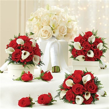 Holiday And White Personal Package (1 White Bridal Bouquet, 3 Bridesmaid Bouquets And 4 Boutonnieres)