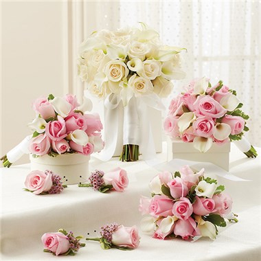 Pink And White Personal Package (1 White Bridal Bouquet, 3 Bridesmaid Bouquets And 4 Boutonnieres