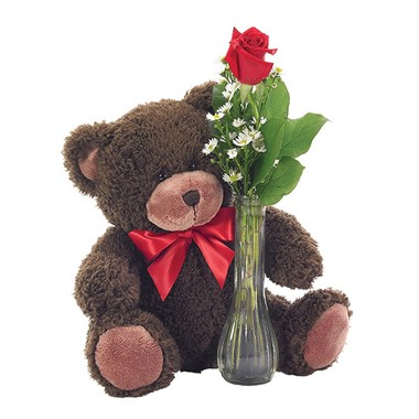 Classic Bud Vase Roses With Teddy Bear