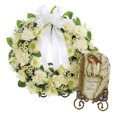 Small Open Round Tabletop Wreath with Remembered Plaque - All White (BF326-11KSP)